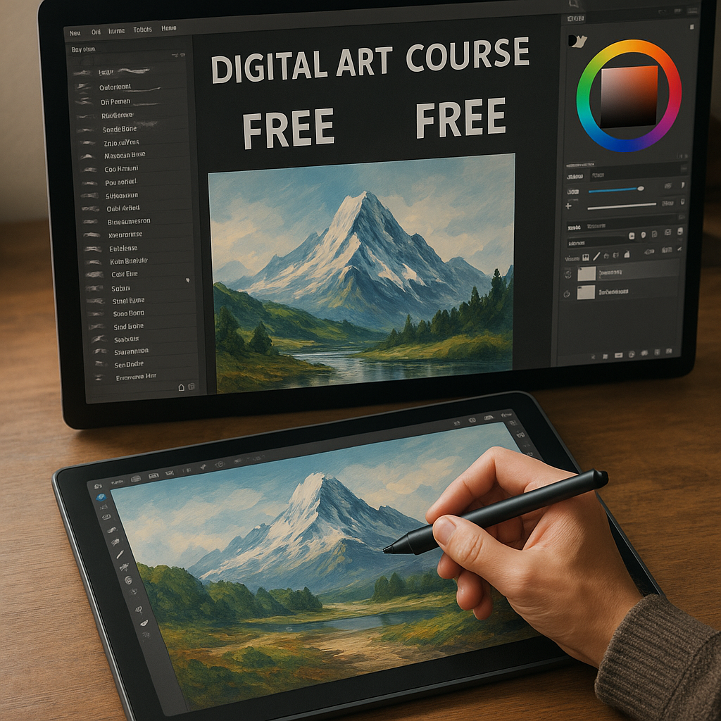 Artist working on digital art tablet using free brushes and software. Alt: Digital art course free tools setup with tablet and software.