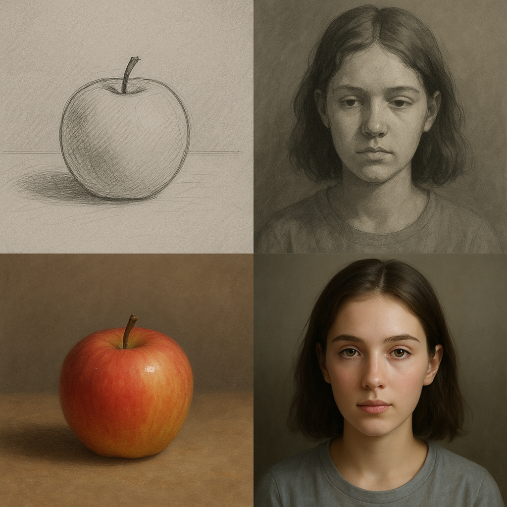 Collection of digital artworks demonstrating skill progression from beginner to advanced. Alt: Digital art course free skill development portfolio.