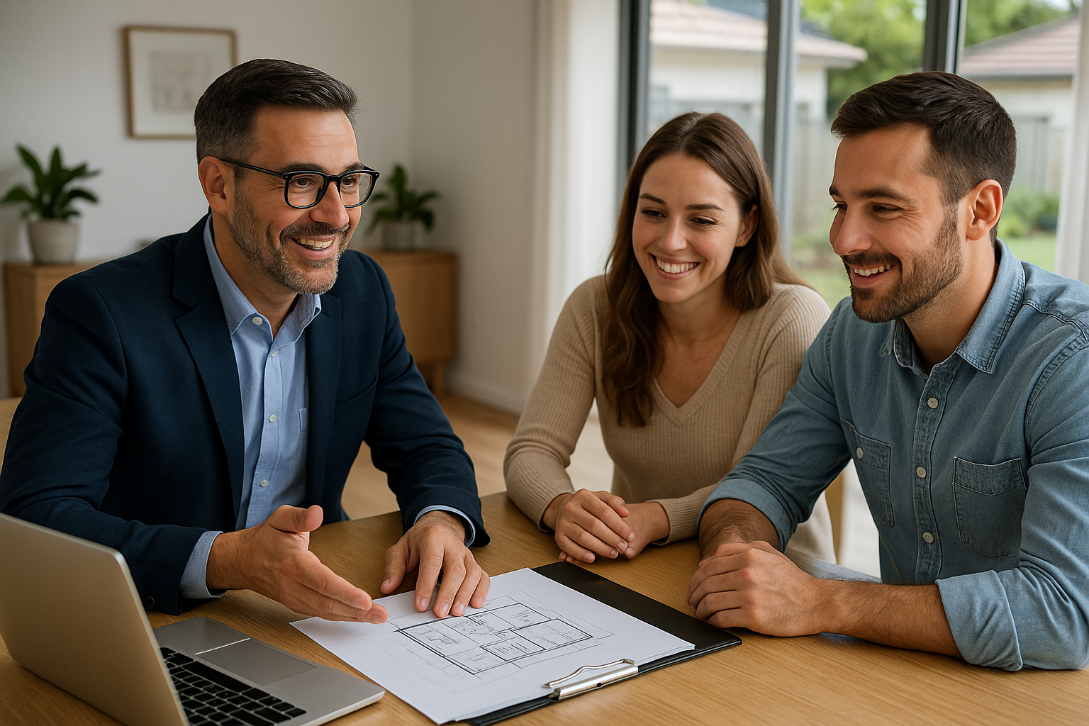 A local Port Kennedy couple consulting with their home loan broker, discussing property plans. Alt: Home loan broker Port Kennedy WA providing expert advice on loans