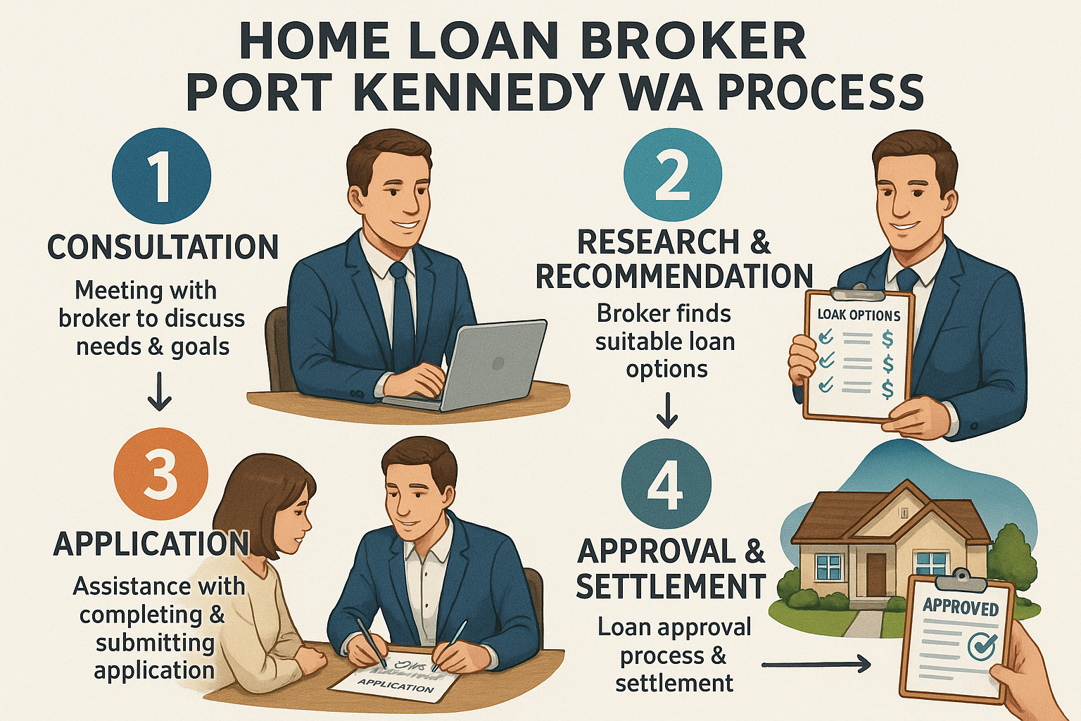 Infographic of loan process with a home loan broker in Port Kennedy WA. Alt: Step-by-step home loan broker Port Kennedy WA process infographic