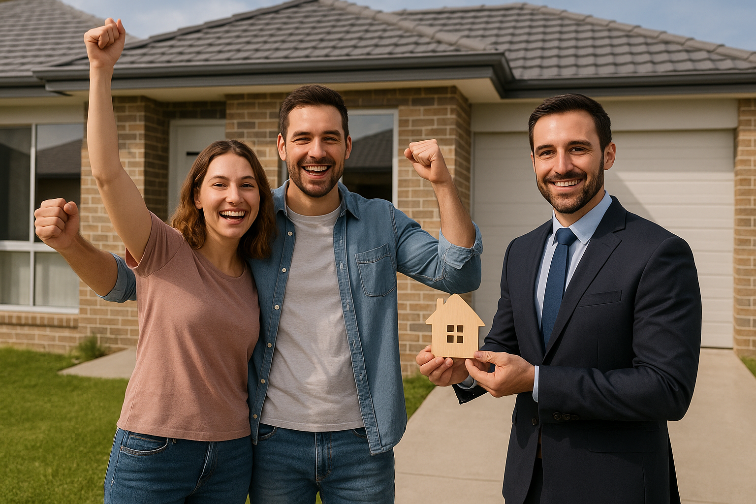 Happy couple celebrating their new home with a mortgage broker in Port Kennedy WA. Alt: Happy home buyers with home loan broker Port Kennedy WA