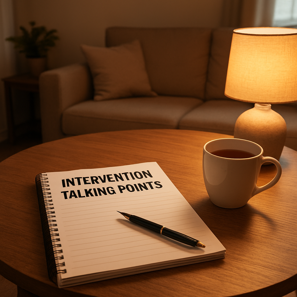A warm, well‑lit living room with a round table, a notepad titled “Intervention Talking Points”, a cup of tea, and a soft lamp. Alt: Calm intervention preparation setting for families seeking help.