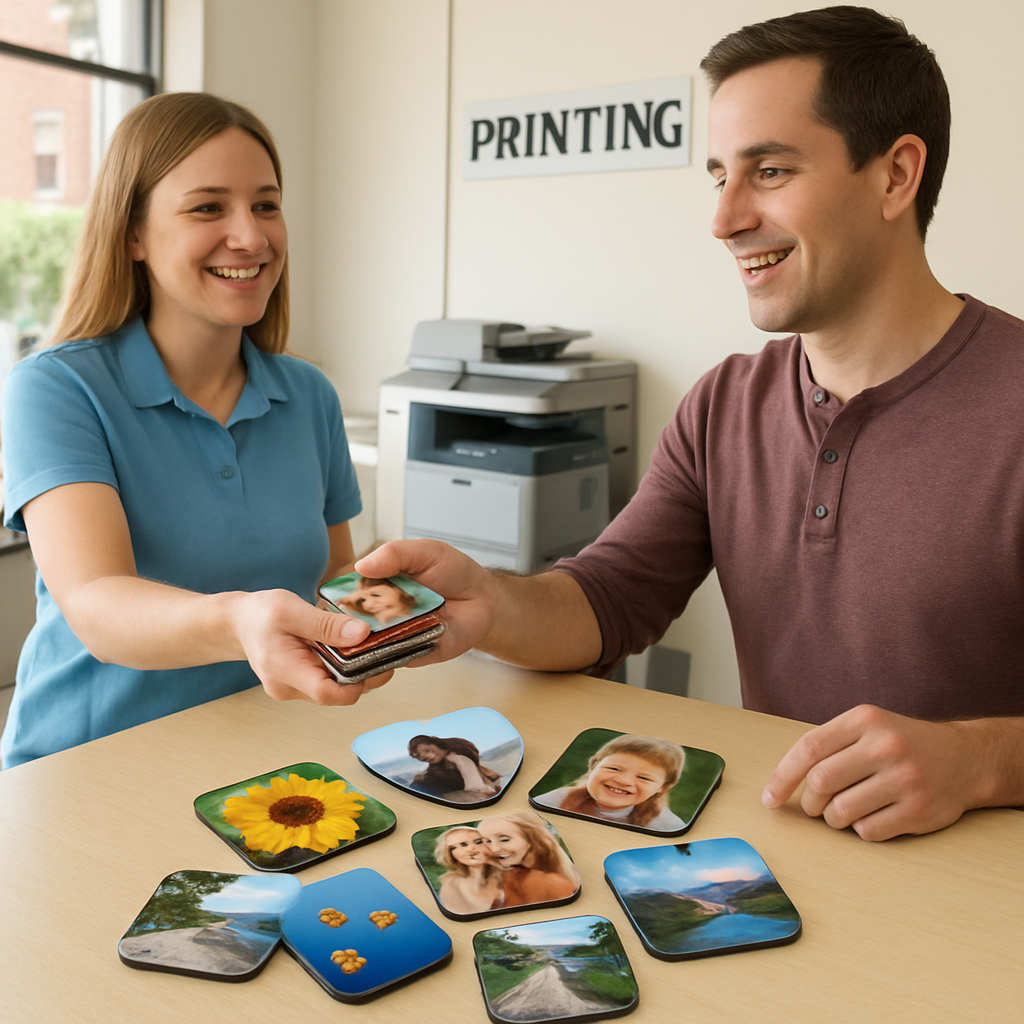 A friendly local print shop counter with a stack of freshly printed photo magnets in various shapes and finishes, bright natural light, showing a customer picking up their order. Alt: Local photo magnet pickup experience