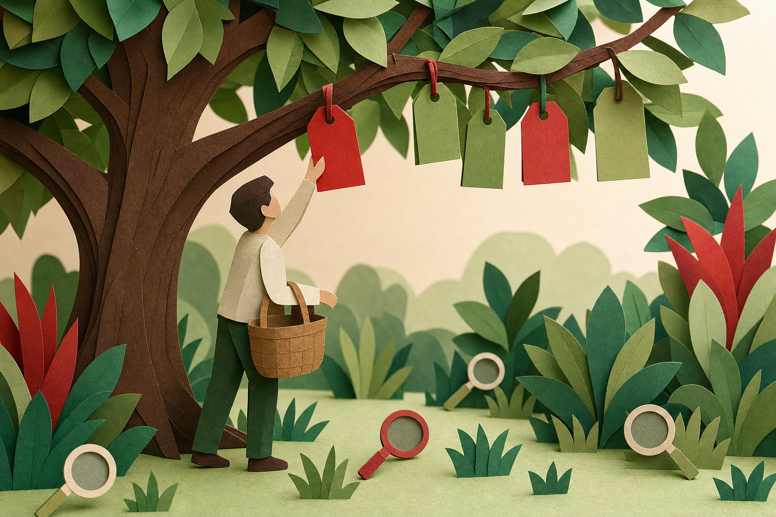 A papercraft scene of a person reaching up to pick fruit from a low branch on a stylized tree, with keyword tags hanging like fruit in warm reds and greens, surrounded by layered paper foliage and small search icons on the ground. Alt: low-hanging fruit keywords SEO concept papercraft illustration.