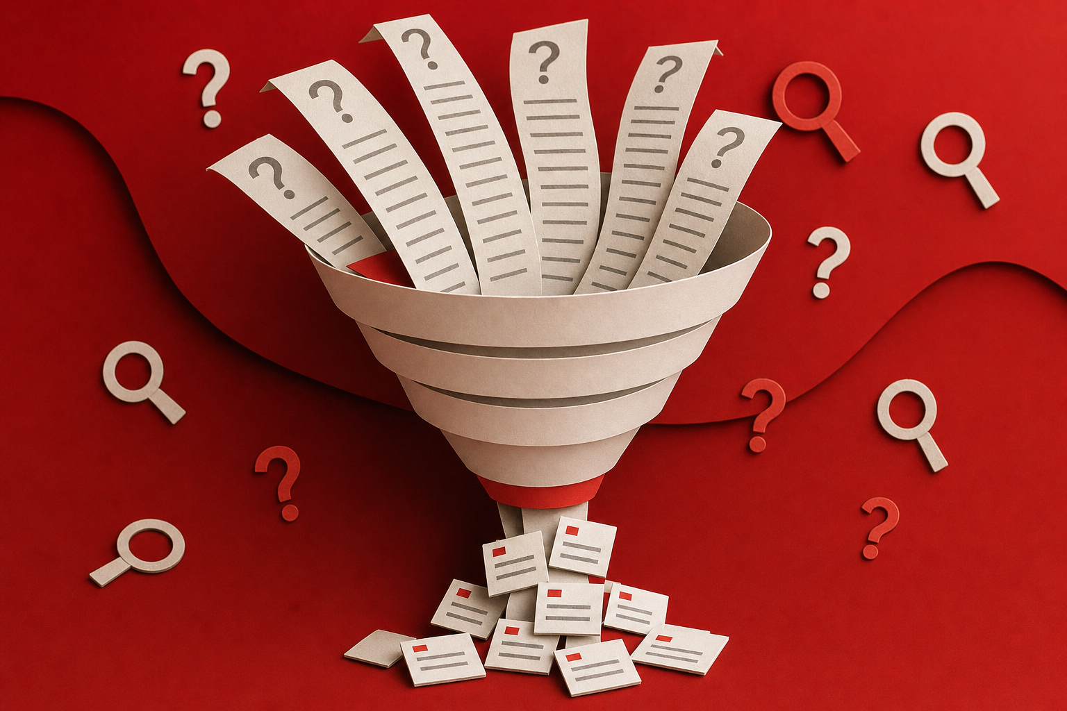 A papercraft scene of a funnel made from layered paper with long question phrases flowing in from the top and precise keyword cards coming out the bottom, set against a deep red background with small paper search icons and question marks floating around. Alt: long-tail and question keyword research papercraft diagram.