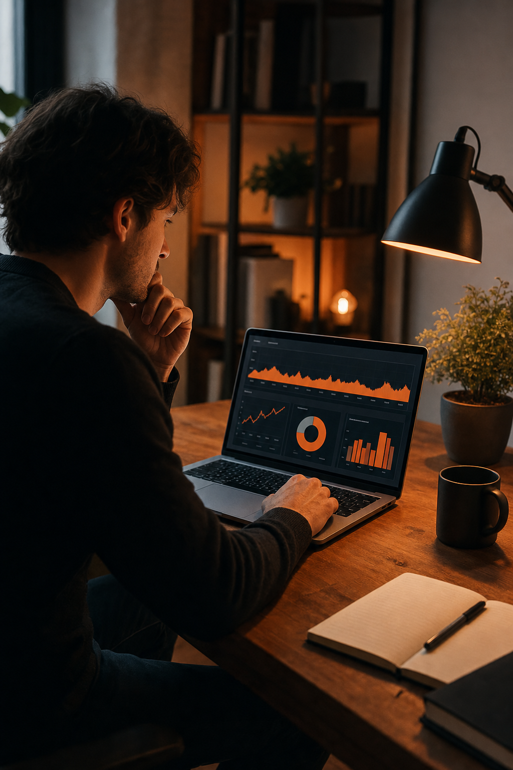 Cinematic scene of a bootstrapped SaaS founder at a minimal home office desk, reviewing podcast analytics on a laptop screen with orange accent lighting, charts visible, focused expression. Alt: bootstrapped SaaS founder reviewing podcast sponsorship analytics before pitching sponsors.