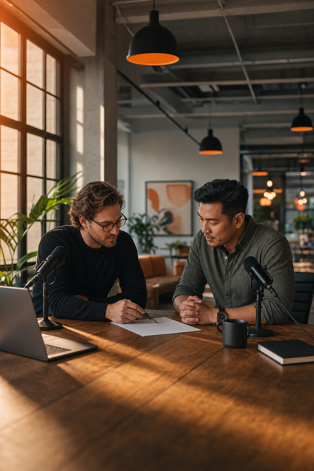 Cinematic wide-angle shot of two entrepreneurs in a modern co-working space, reviewing a short contract or deal sheet on a wooden table, orange accent lighting from a window, relaxed but focused atmosphere. Alt: SaaS podcast hosts negotiating a sponsorship deal structure for a bootstrapped show.