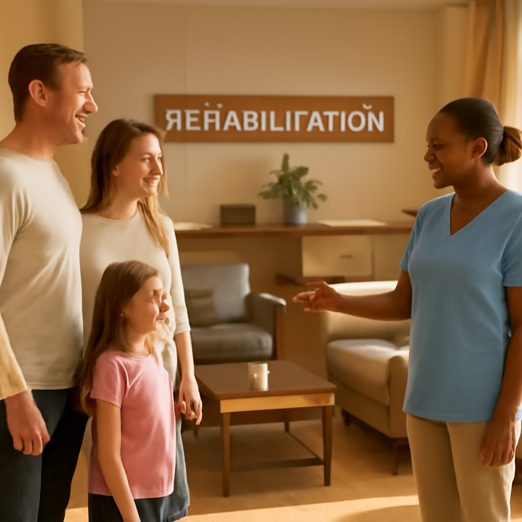 A warm, sunlit rehab facility lobby with comfortable seating, plants, and a friendly staff member greeting a family. Alt: Visiting a rehab center to assess environment and staff friendliness.