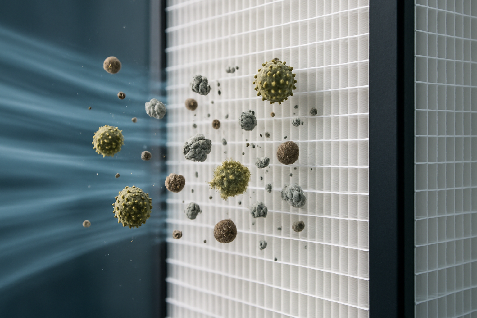Close-up of air purifier HEPA filter with particles being filtered, illustrating the best air purifier for allergies UK. Alt: High-efficiency HEPA filter capturing airborne allergens in UK home.
