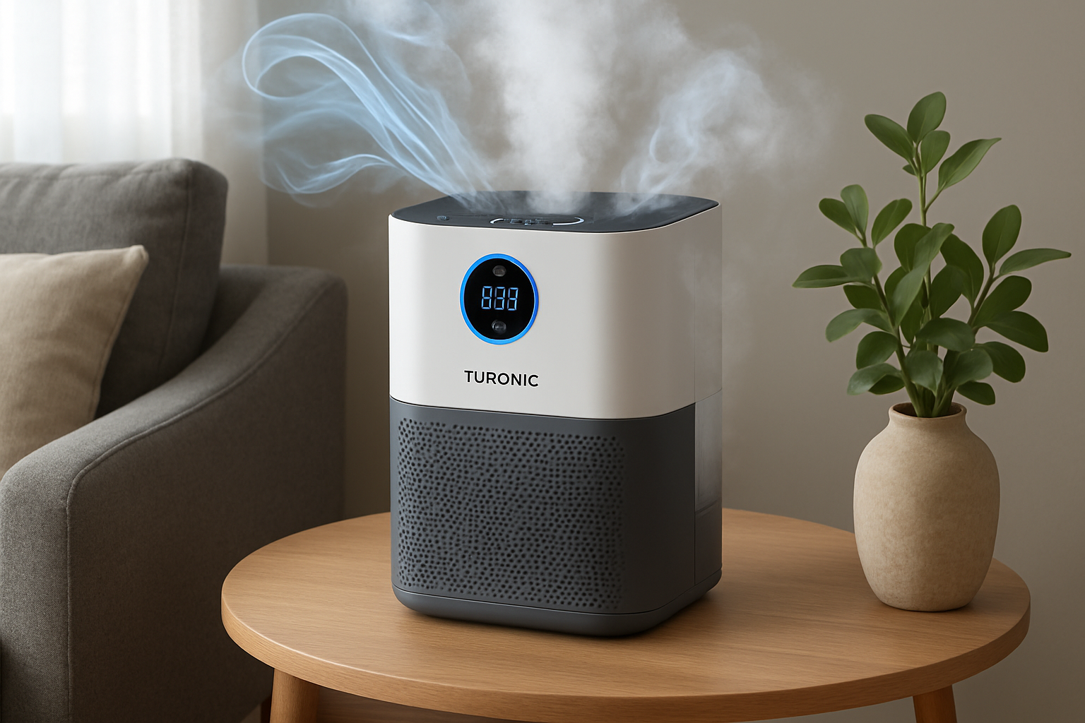 A modern Turonic PH950 2-in-1 air purifier and humidifier on a side table, filtering pollutants and moisturizing indoor air. Alt: Best air purifier for allergies UK with humidifier functionality.