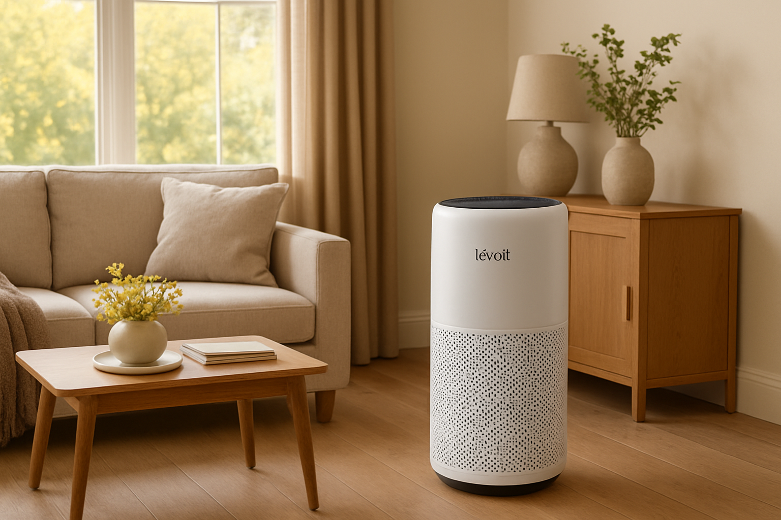 A peaceful living room featuring an air purifier during pollen season, showcasing the best air purifier for allergies UK. Alt: Sleek purifier working in UK home during allergy season.