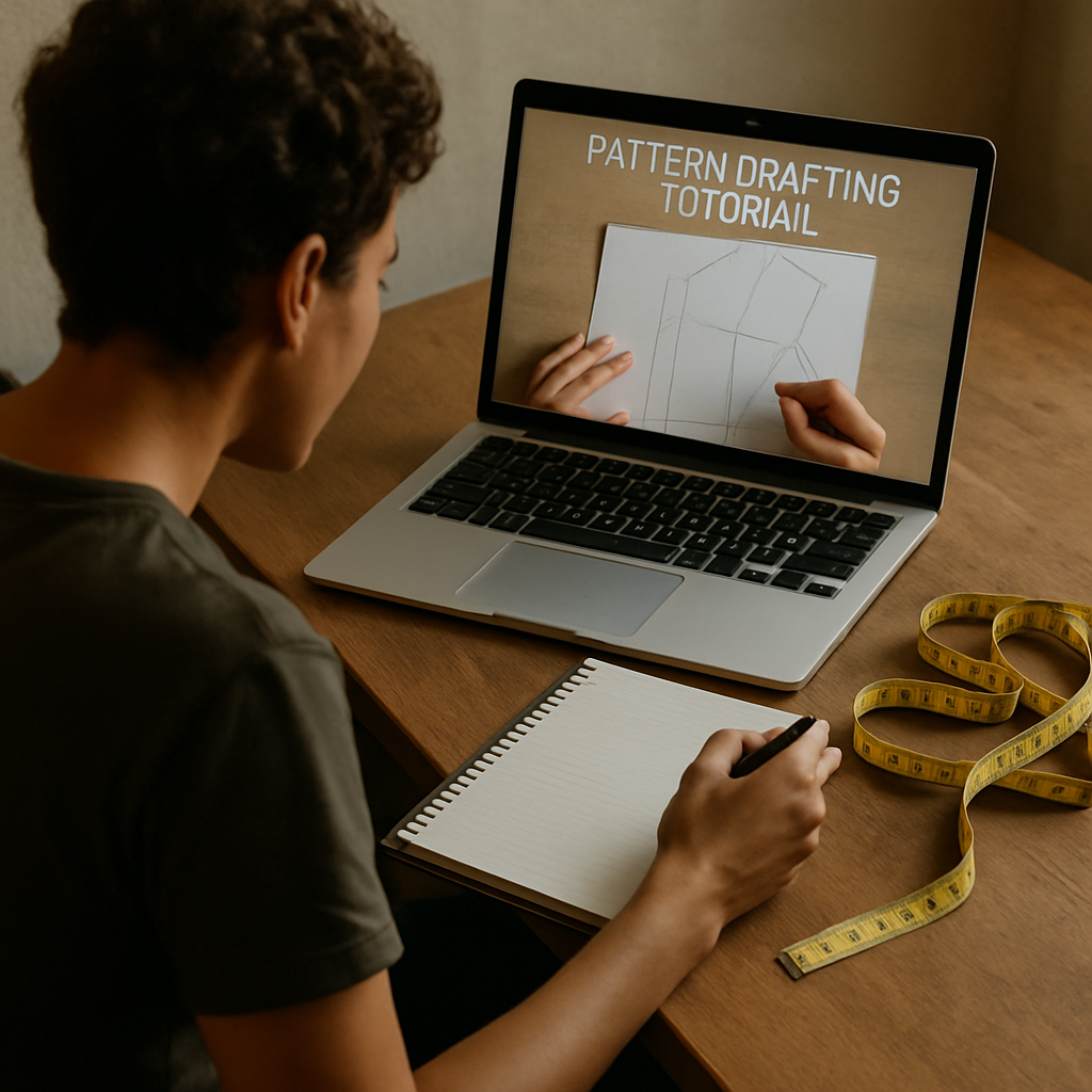 A person sitting at a desk with measuring tape, notebook, and laptop open to a pattern drafting tutorial, showing a relaxed and focused atmosphere. Alt: Assessing skill level for pattern drafting classes online