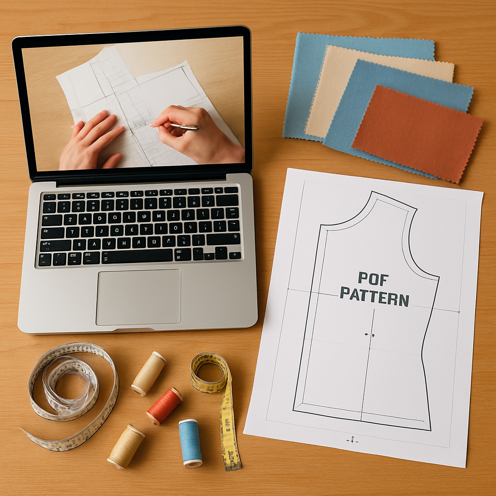 An overhead view of a sewing workspace with a laptop displaying a pattern drafting video, a printable PDF pattern laid out beside fabric swatches and a measuring tape. Alt: Evaluate pattern drafting classes online with video, PDF, and hands‑on tools