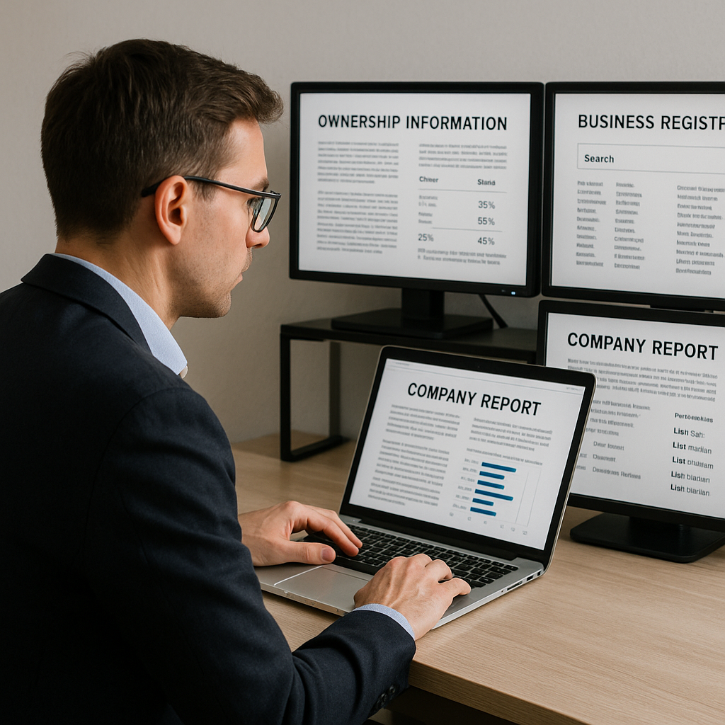 A professional researcher at a laptop, scanning multiple business ownership sources on screen.