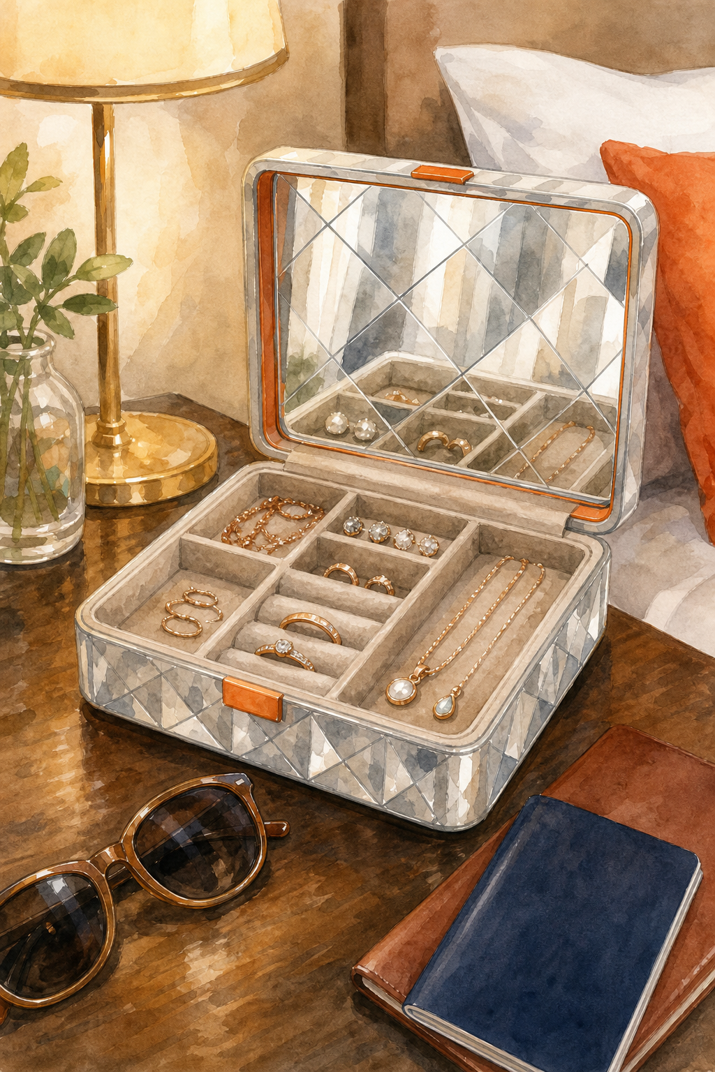 A watercolor illustration of a travel jewelry organizer with a diamond-veneer crushed mirror lid, open to reveal velvet-lined compartments for necklaces, earrings, and rings, on a hotel nightstand near a passport and sunglasses. Alt: Diamond veneer travel jewelry organizer with velvet compartments.