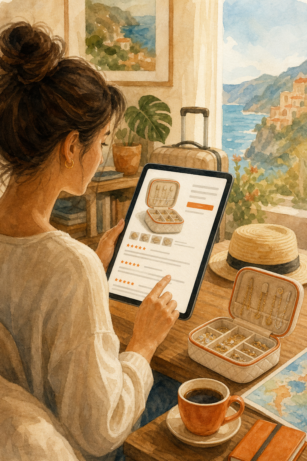 A watercolor scene of a woman reading an Amazon product listing on a tablet, with a travel jewelry organizer and a cup of coffee beside her, in a cozy travel-themed room. Alt: Woman reading Amazon reviews for a diamond veneer travel jewelry organizer.