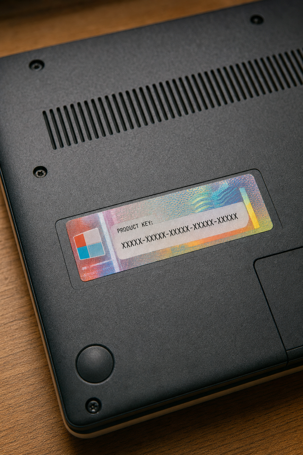 A photorealistic close-up of a Windows COA sticker on the bottom panel of a laptop, showing a 25-character product key code on a colorful holographic label in a operational environment. Alt: Windows product key COA sticker on laptop bottom panel.