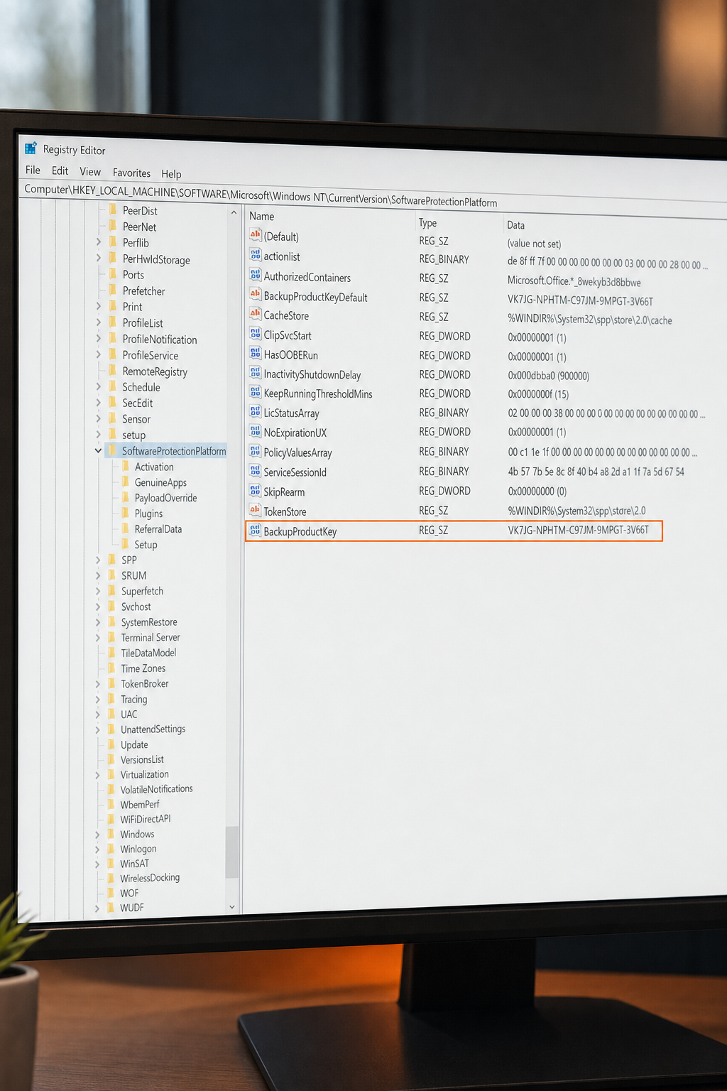 A photorealistic screenshot composition of the Windows Registry Editor open on a dark monitor, showing the CurrentVersion path in the left panel and a product key value highlighted in the right panel. Alt: Windows Registry Editor showing product key location in SoftwareProtectionPlatform.