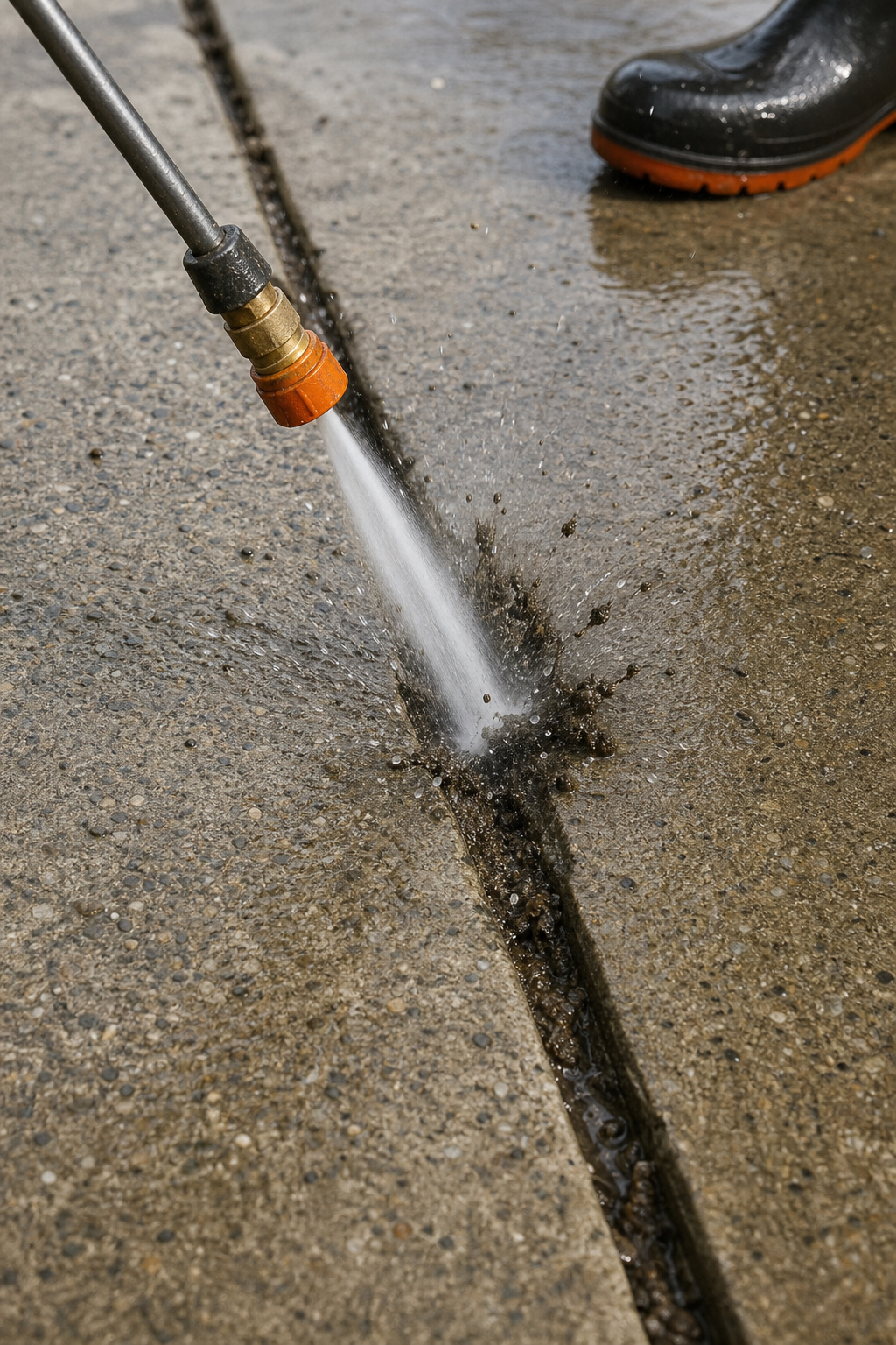 A photorealistic close-up of a power washer removing dirt from a concrete crack, with water splashing and debris being washed away. Alt: Power washing a concrete sidewalk crack during repair preparation.