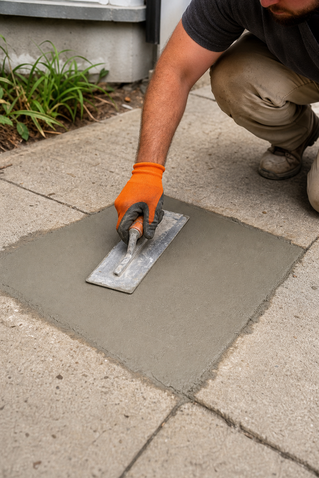 A photorealistic image of a concrete sidewalk repair being smoothed with a steel trowel, showing the finish process. Alt: Smoothing a concrete sidewalk patch with a trowel to match the existing surface.