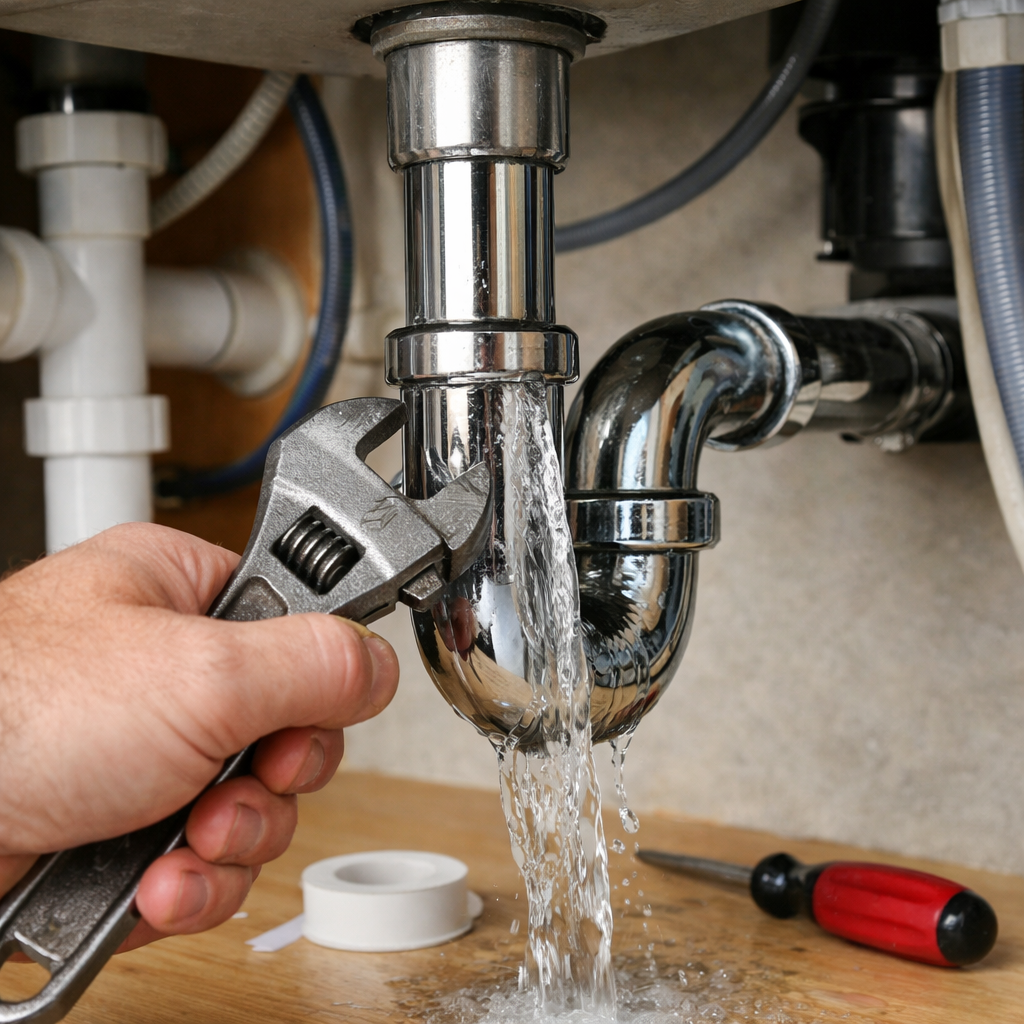 A realistic close‑up of a homeowner testing a repaired pipe under a sink, water flowing cleanly, with a hand holding a wrench. Alt: testing pipe repair after DIY fix