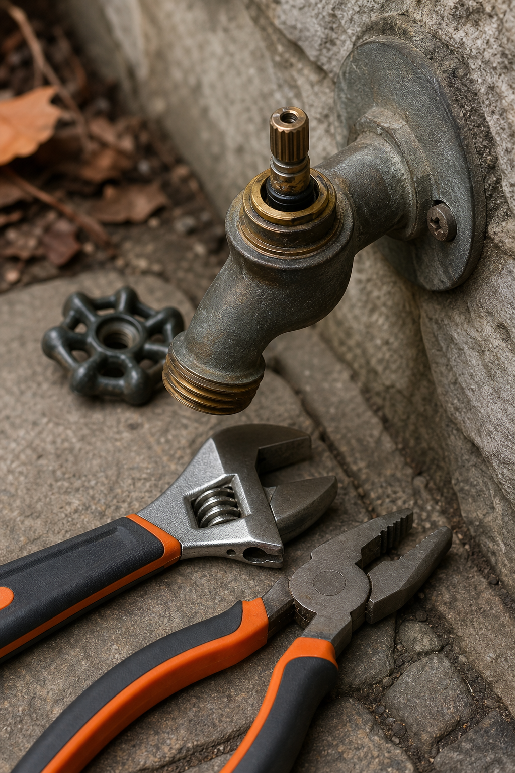 A photorealistic close-up of a brass faucet stem with rubber washer and O-rings being inspected under natural light, with a wrench nearby. Alt: Inspecting faucet stem and O-rings for wear during outdoor faucet repair.