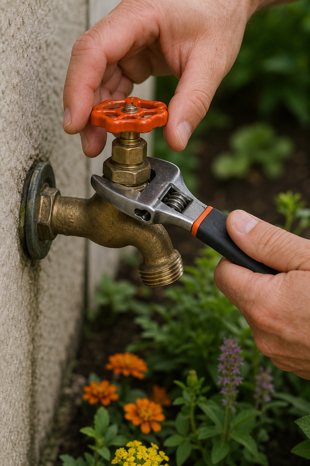 A photorealistic view of a repaired outdoor faucet with water running smoothly, showing no leaks, with a garden hose attached. Alt: Testing a fixed outdoor faucet after reassembly to ensure no leaks.