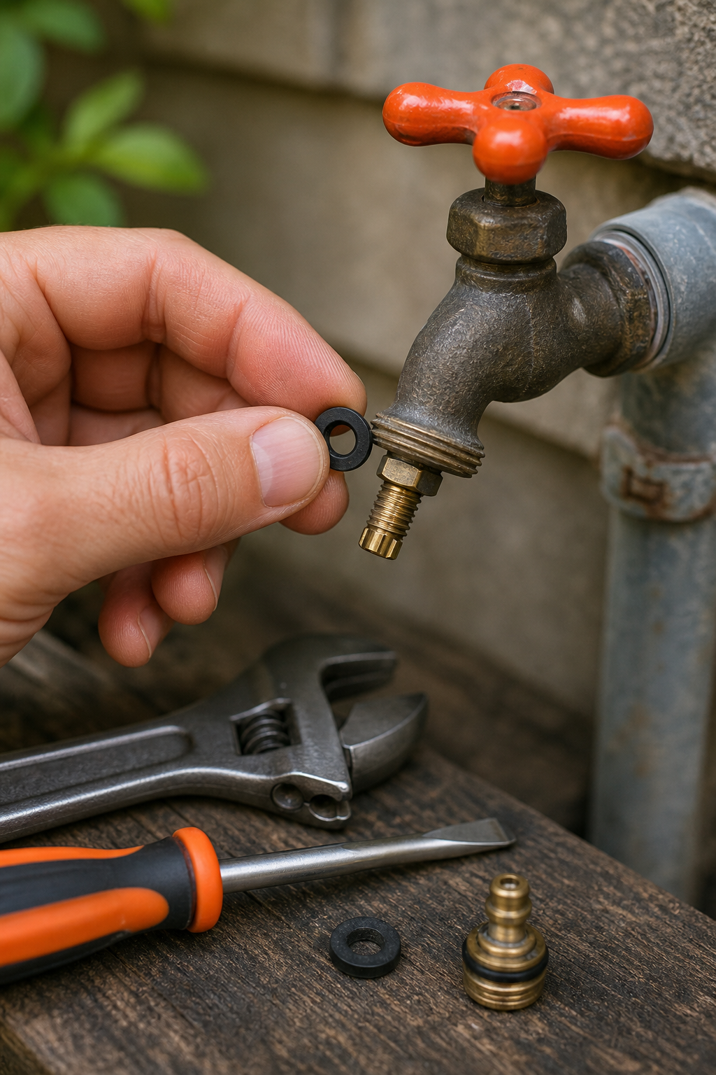 A realistic close-up of a hand placing a new rubber washer onto the valve stem of an outdoor faucet, with a wrench and screwdriver on a workbench nearby. Alt: Replacing stem washer on leaking outdoor faucet.