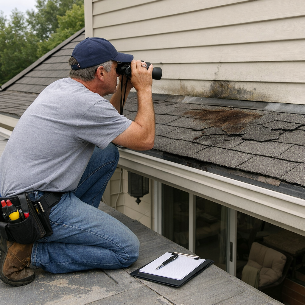 A realistic view of a homeowner using binoculars on a patio roof, looking for cracked shingles and water stains. Alt: homeowner inspecting patio roof for leaks.