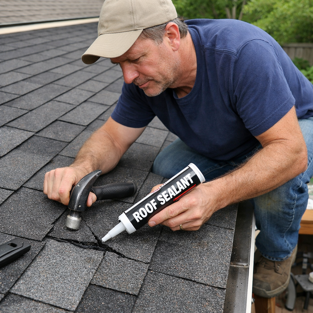 Realistic scene of a homeowner fixing a cracked shingle on a patio roof, using a roofing hammer and sealant. Alt: homeowner repairing shingle roof on patio.