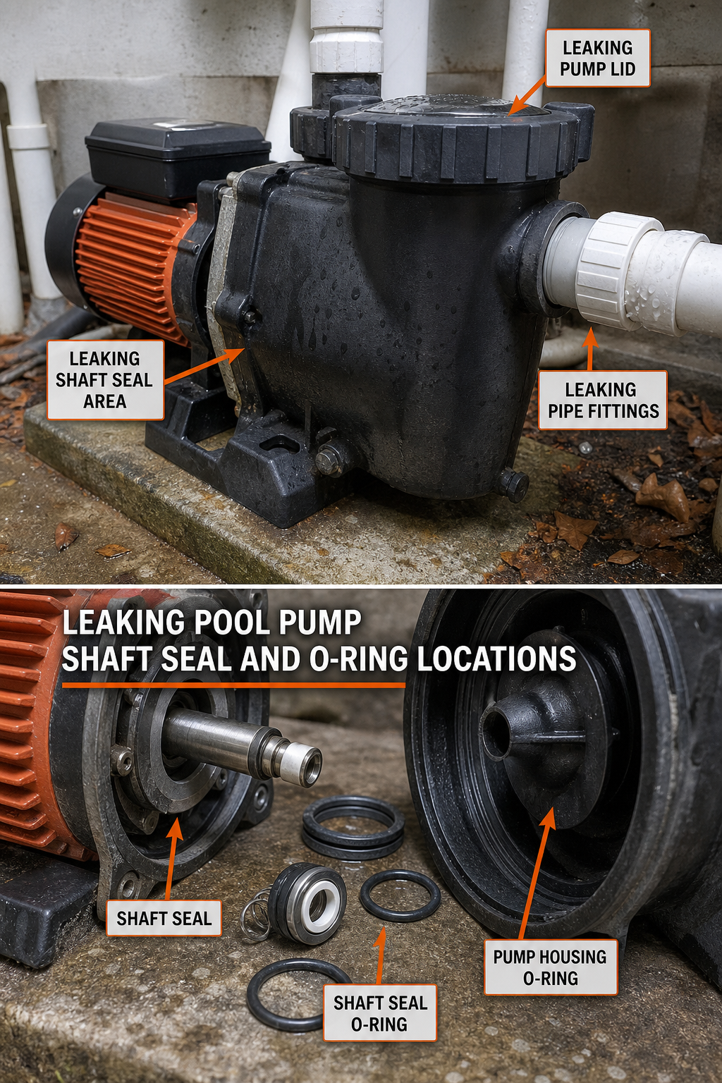 A photorealistic close-up of a residential pool pump with arrows pointing to common leak points: shaft seal area, pump lid, and pipe fittings. Alt: Leaking pool pump shaft seal and O-ring locations