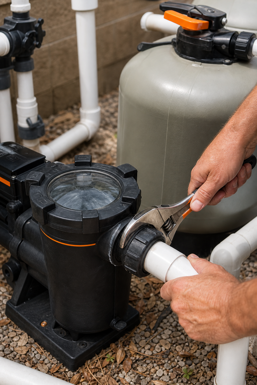 A photorealistic view of a DIYer's hands tightening a pool pump pipe fitting with a wrench, showing a drip-free connection. Alt: Tightening pool pump fittings to stop leaks