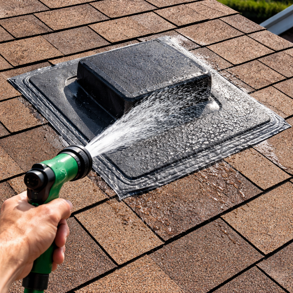 A realistic photo of a homeowner testing a roof vent repair with a garden hose, showing close‑up of the vent and the water spray. Alt: testing roof vent repair with hose