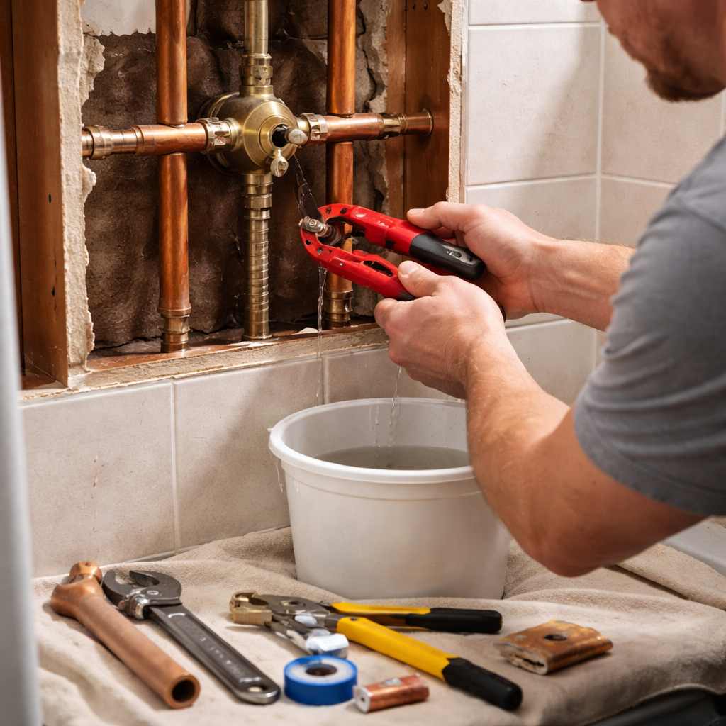 A photorealistic scene of a homeowner using a pipe cutter to replace a cracked copper pipe behind a shower wall, with tools laid out on a drop cloth and a bucket catching water. Alt: Repairing damaged shower pipe step by step.
