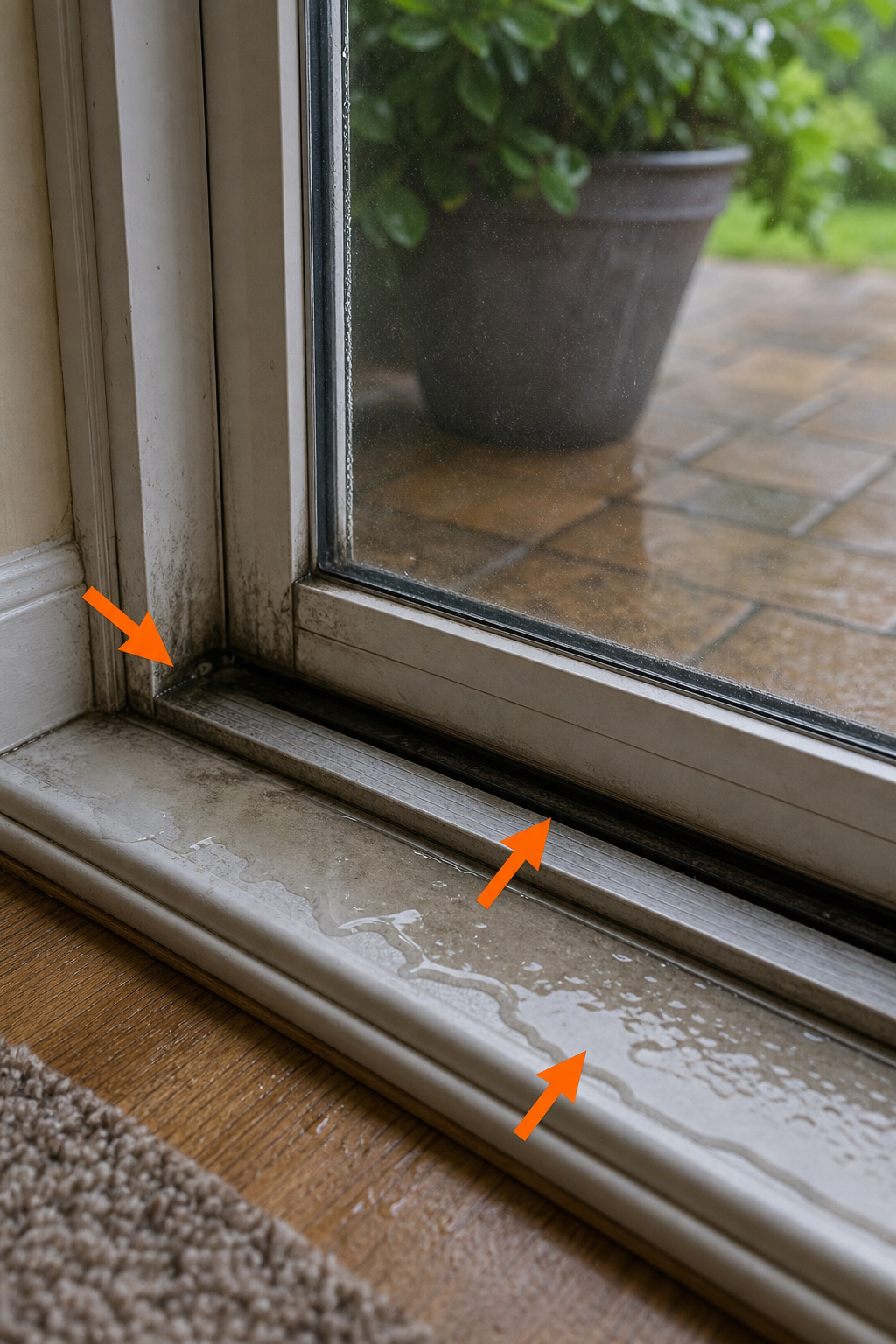 A close-up view of water pooling on a patio door sill, with arrows pointing to potential leak areas like corners and bottom track. Alt: Identifying leak sources on a sliding glass door