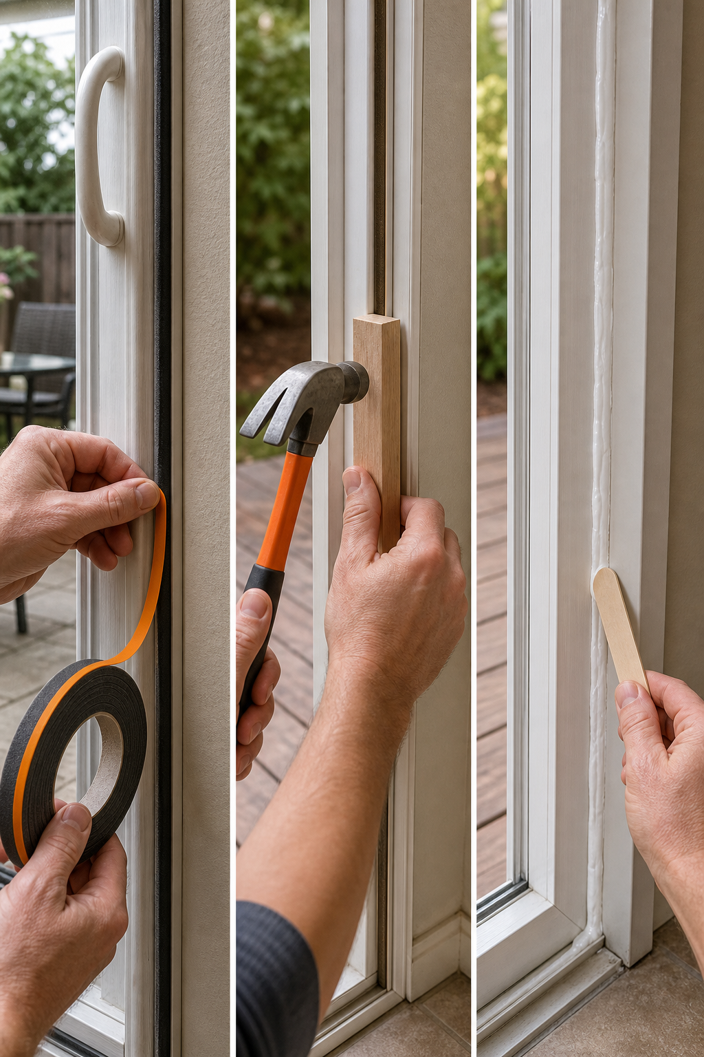A comparison of three weatherstripping methods on a patio door: foam tape being applied, kerf-in strip being tapped with a hammer and wood block, and silicone caulk being smoothed with a tongue depressor. Alt: Methods to fix leaky patio door seal