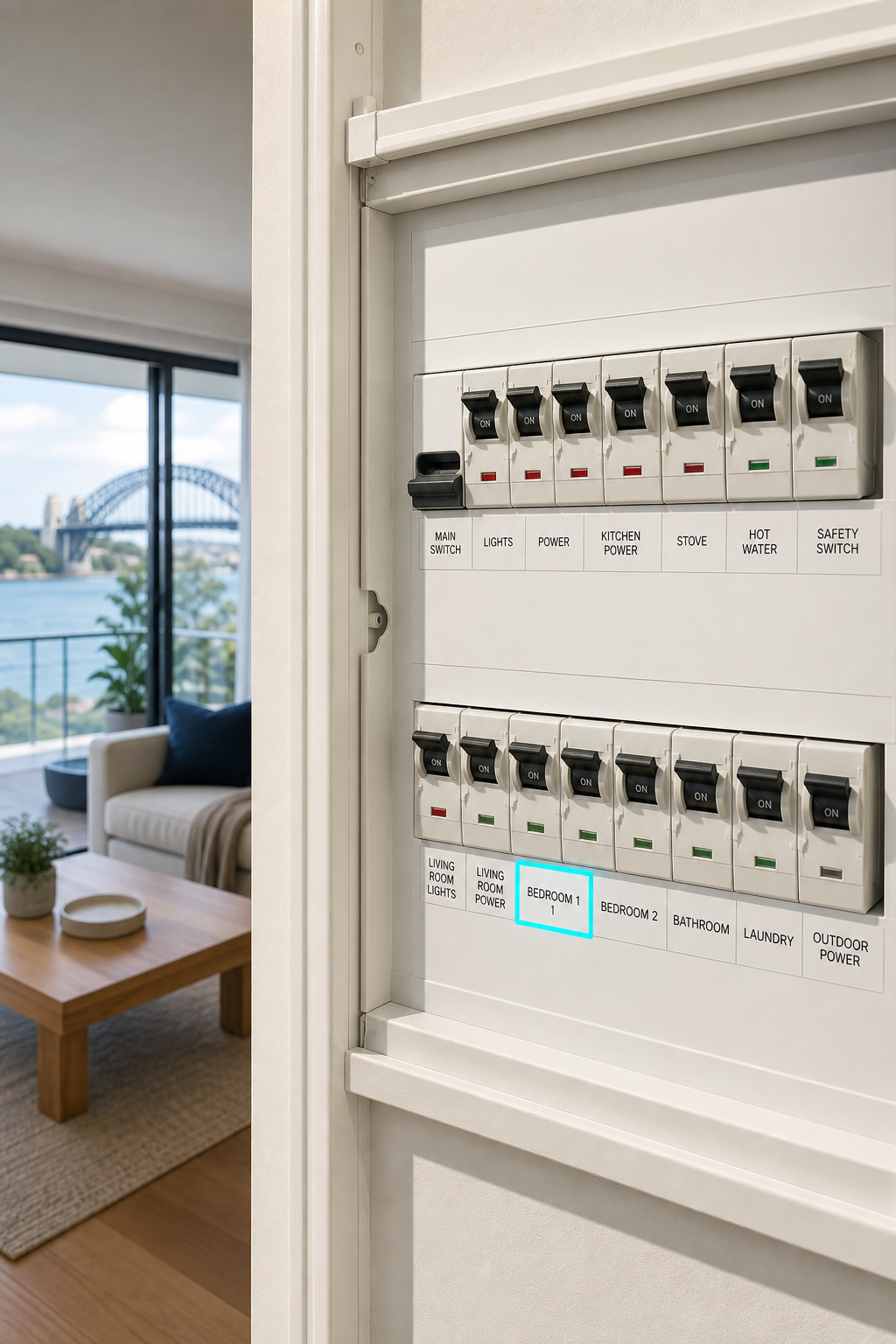 A realistic view of an Australian home consumer unit with circuit breakers, showing a highlighted breaker for a bedroom, natural lighting, clear labels on switches