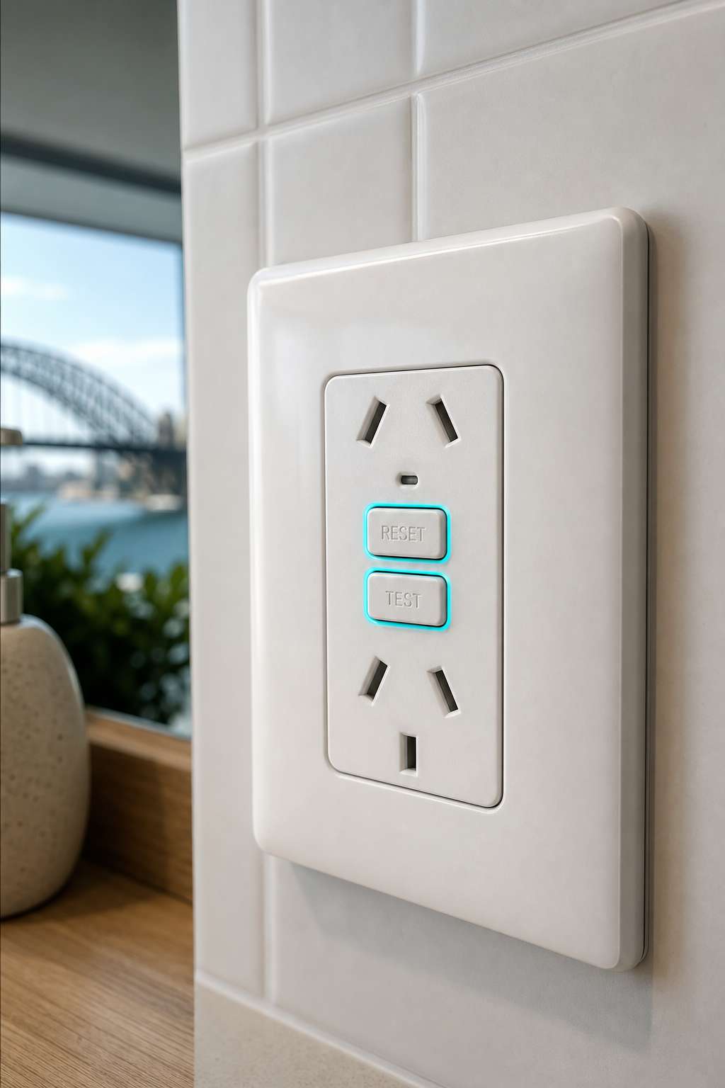 Close‑up of a modern GFCI outlet with the reset and test buttons highlighted, indoor lighting, realistic texture