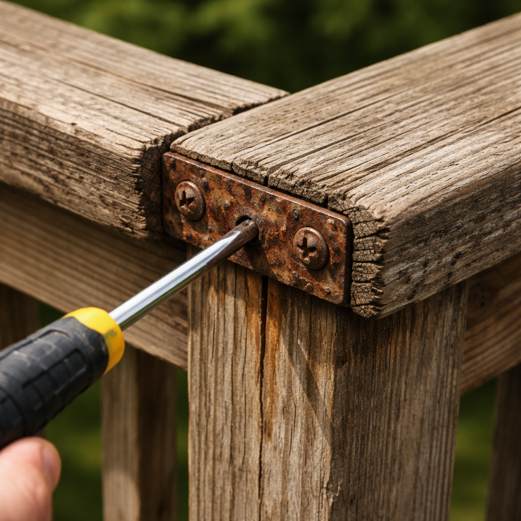 A photorealistic close-up of a deck railing joint being inspected, showing a screwdriver, wood grain, and rusted metal bracket. Alt: Inspecting sagging deck railing joint
