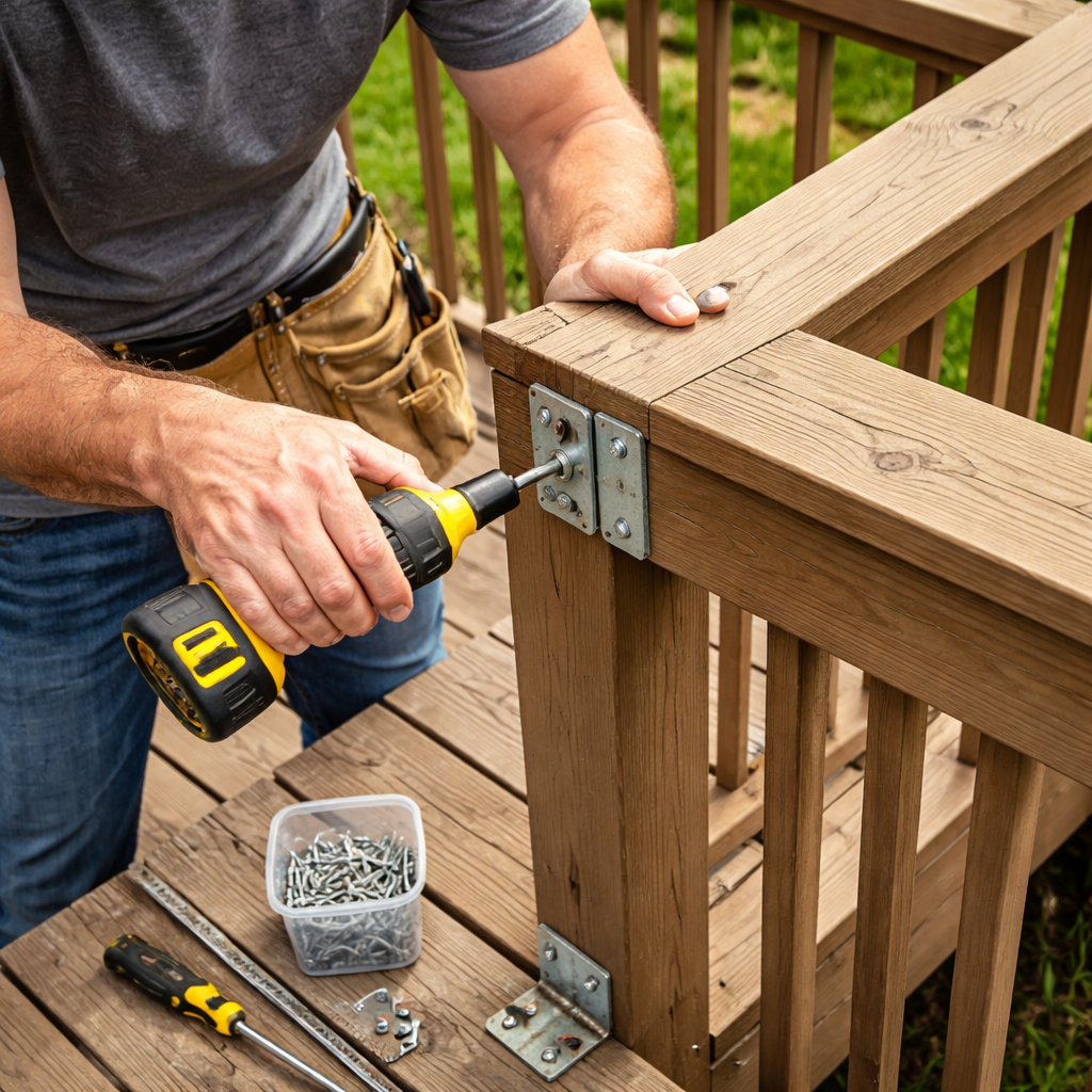 A photorealistic scene of a homeowner tightening brackets on a deck railing joint, showing tools and a clear view of the joint. Alt: Reinforcing a sagging deck railing joint with brackets and screws.