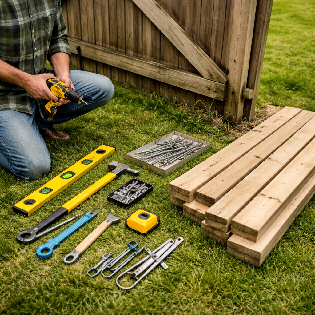 A photorealistic scene of a homeowner laying out tools and materials on a lawn beside a sagging fence gate, including a wrench, level, drill, and wood planks. Alt: Gather tools and materials to fix a sagging fence gate