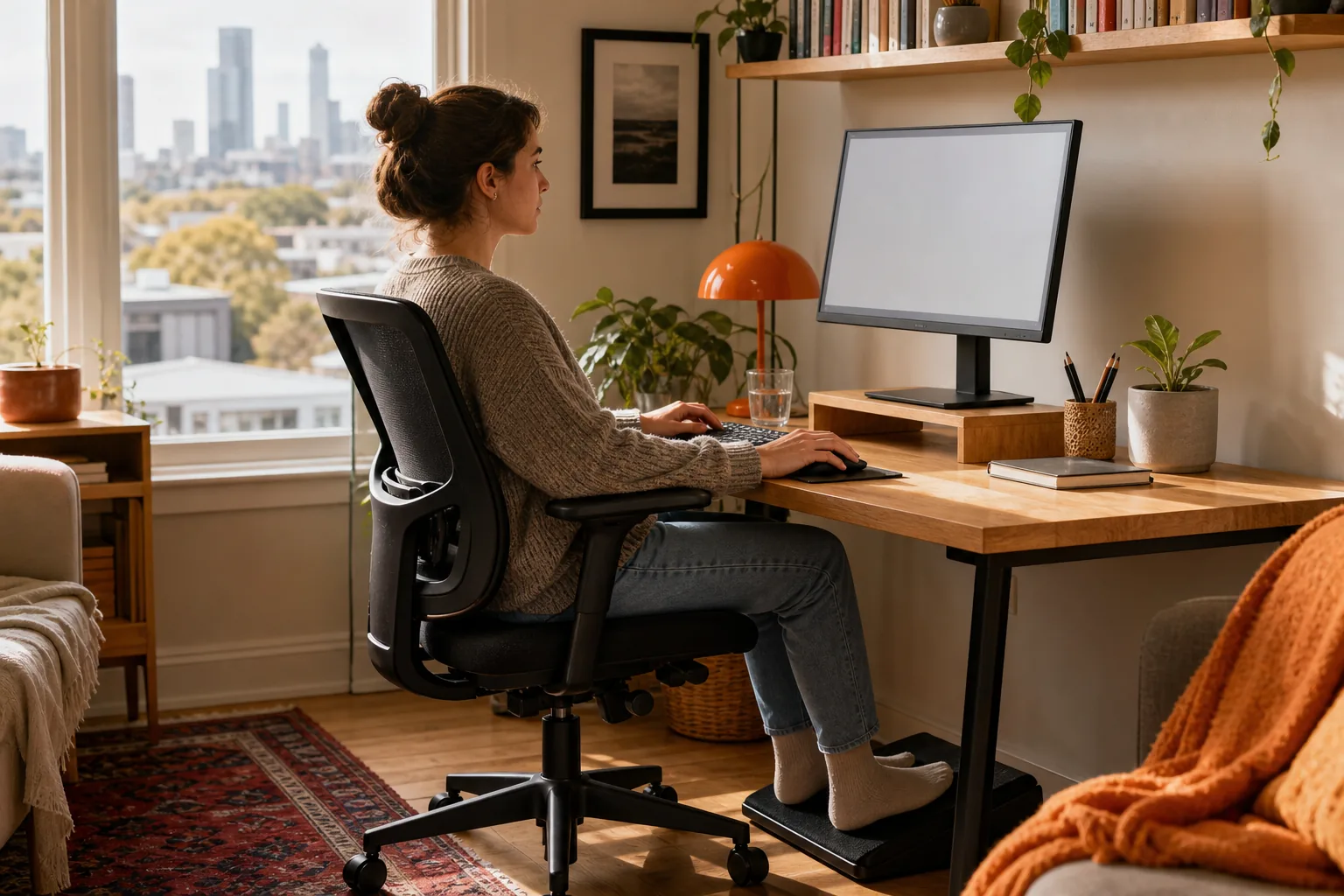 Comfortable workstation setup to support posture while working at a desk.