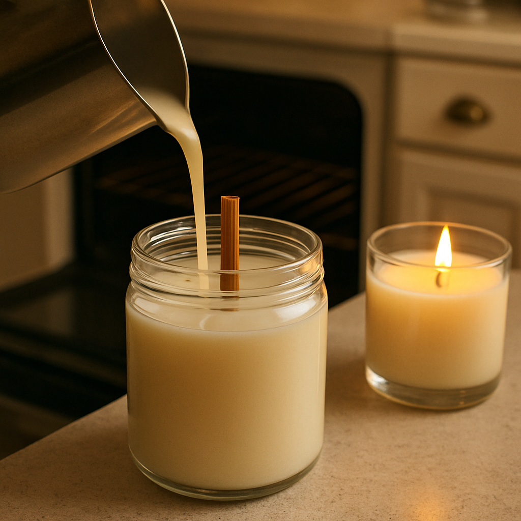 A cozy kitchen countertop with an open oven, a glass candle jar being poured with melted soy wax, a wooden wick standing upright, warm lighting, and a soft focus on the smooth wax surface. Alt: Re‑melt and re‑pour candle for uniform burn.