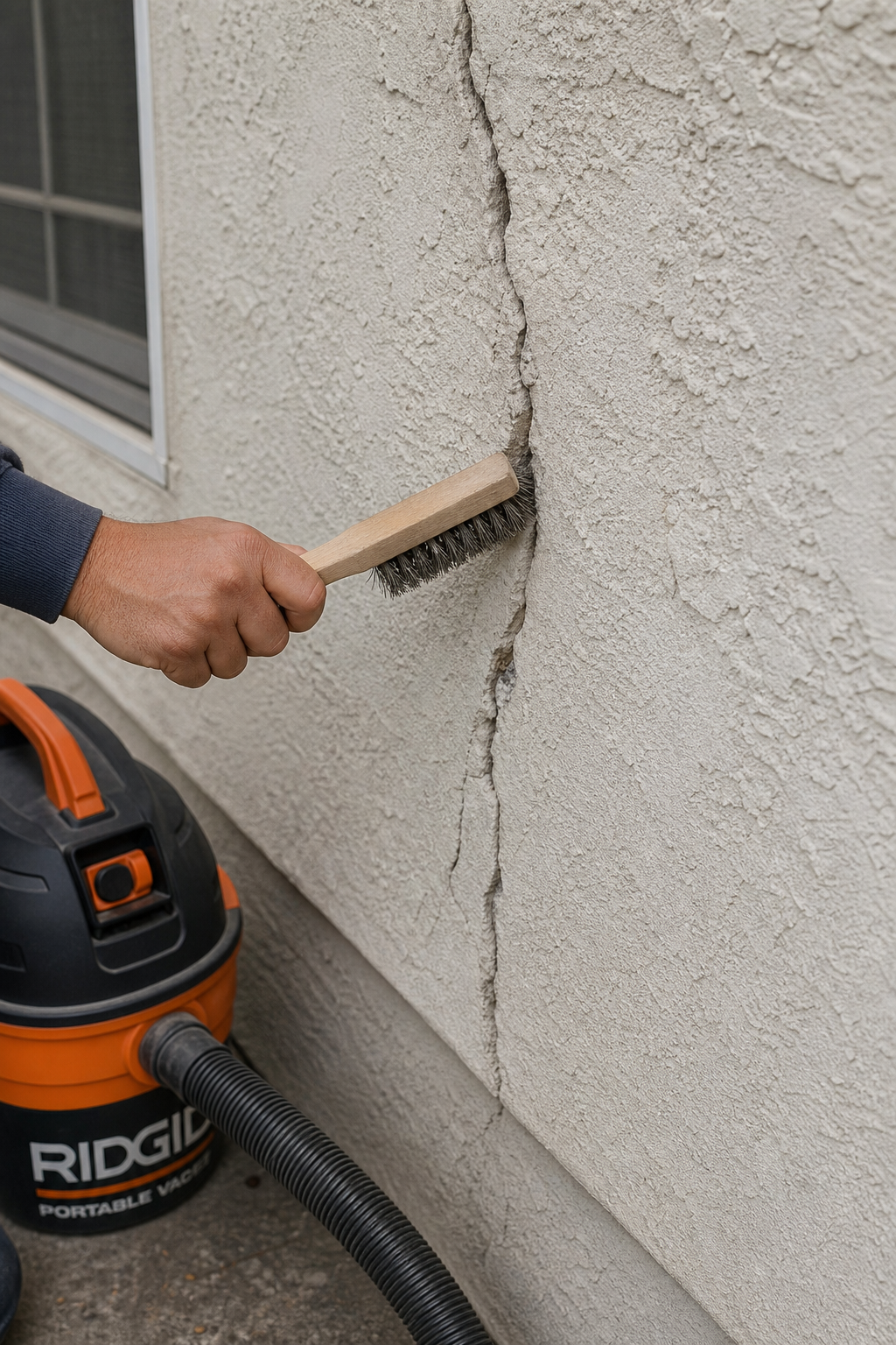 A photorealistic close-up of a person using a wire brush to clean a stucco crack on an exterior wall, with a shop vac nearby. Alt: Cleaning a stucco crack with a wire brush before patching.