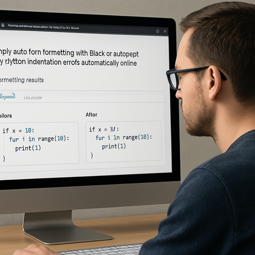 A developer looking at a browser window showing Black and autopep8 formatting results, with code snippets before and after. Alt: Apply auto‑formatting with Black or autopep8 to fix Python indentation errors automatically online.