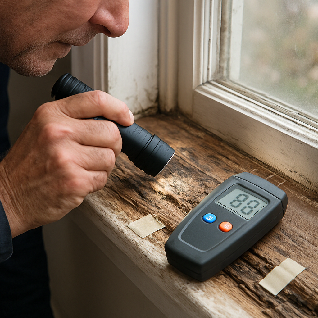 A photorealistic close‑up of a homeowner inspecting a window sill with a flashlight, showing soft, discolored wood, a moisture meter reading, and marked sections with masking tape. Alt: Inspecting rotted window sill for repair, realistic style.