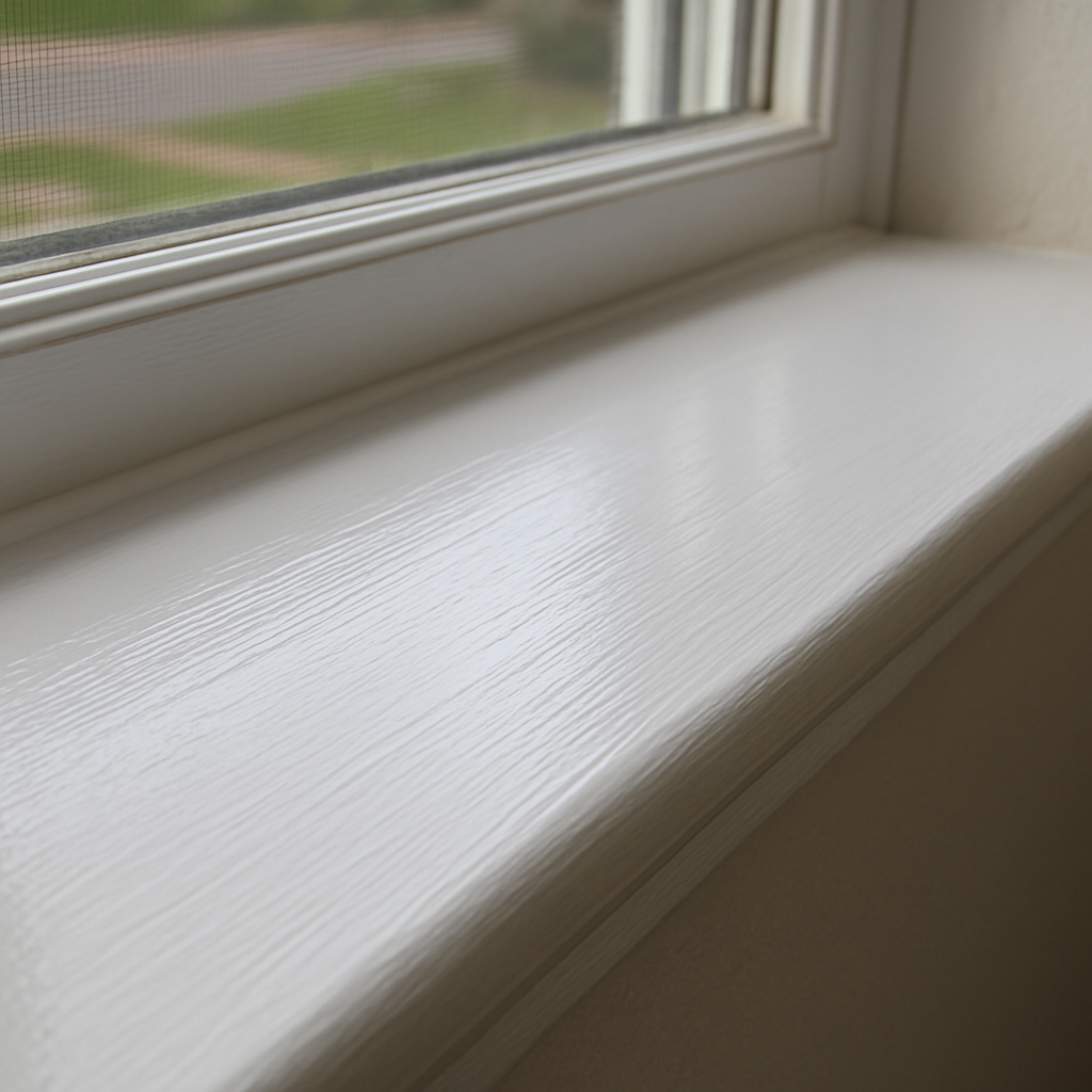 A photorealistic close‑up of a freshly painted window sill on a Virginia Beach home, showing smooth brush strokes and a subtle sheen, daylight illumination highlighting the wood grain, Alt: Repainted window sill after repair, ready for long‑term protection.
