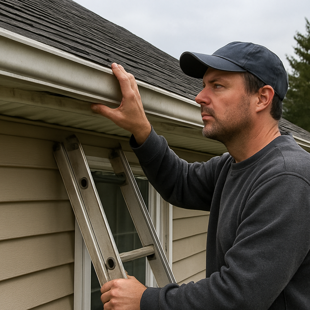 A homeowner inspecting a sagging gutter with a ladder, hand on the gutter to feel for low spots. Alt: Inspecting sagging gutters for low spots and loose hangers.