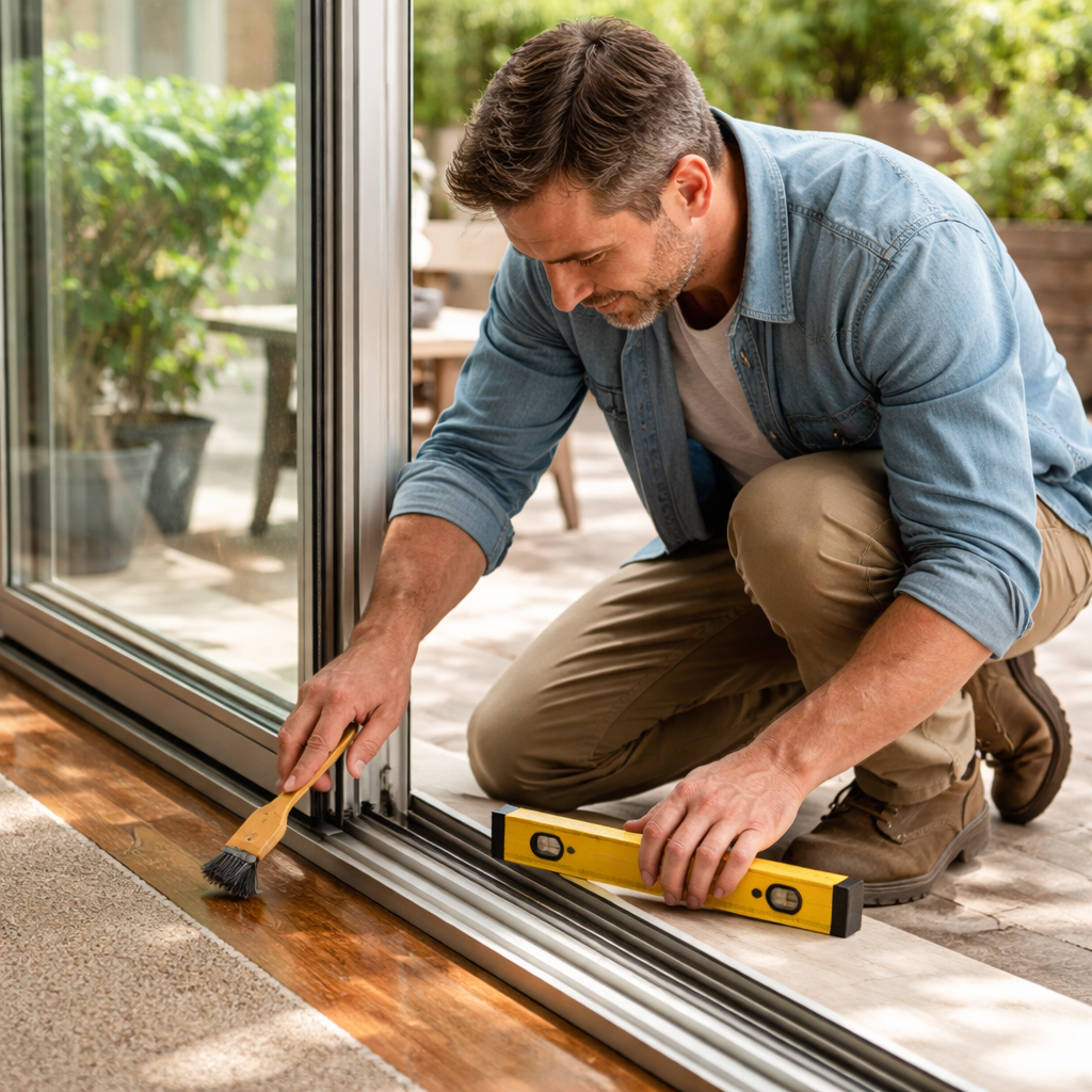 A photorealistic scene of a homeowner kneeling by a sliding glass door, inspecting the track and rollers with a brush and level. Alt: Inspecting sliding glass door track and rollers.