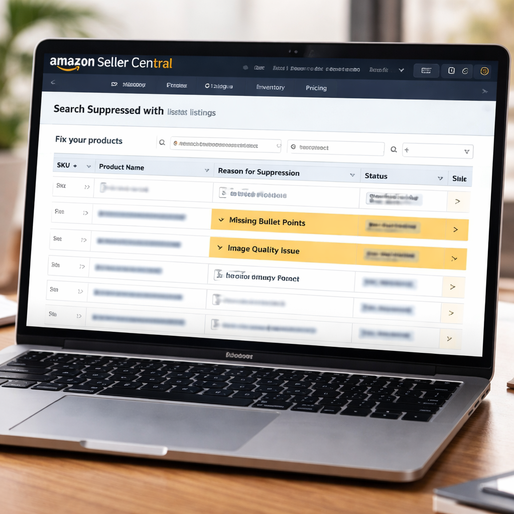 A photorealistic scene of a laptop screen showing an Amazon Seller Central “Search Suppressed” report, with highlighted rows for missing bullet points and image errors. Alt: Identify suppressed Amazon listing reasons with a spreadsheet view